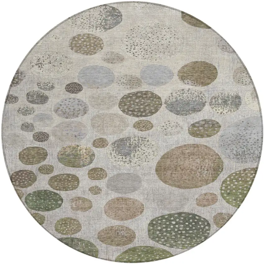 8' Taupe And Ivory Round Geometric Washable Indoor Outdoor Area Rug Photo 1