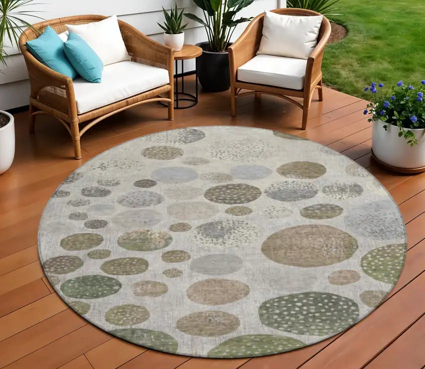 8' Taupe And Ivory Round Geometric Washable Indoor Outdoor Area Rug Photo 2