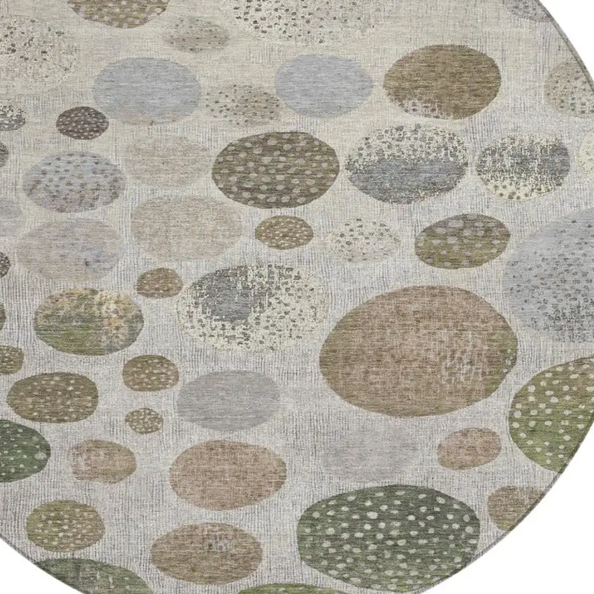 8' Taupe And Ivory Round Geometric Washable Indoor Outdoor Area Rug Photo 4