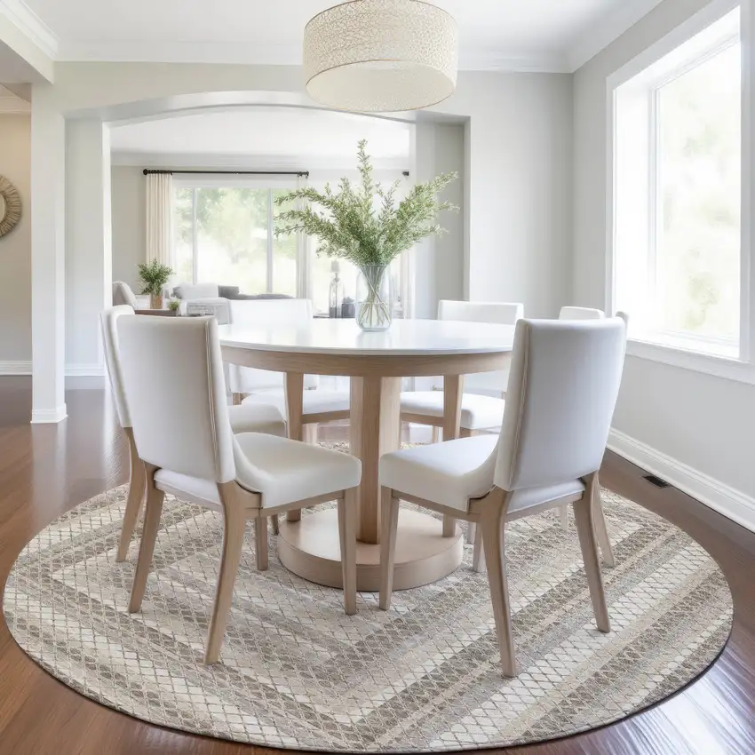 8' Taupe And Ivory Round Geometric Washable Indoor Outdoor Area Rug Photo 6