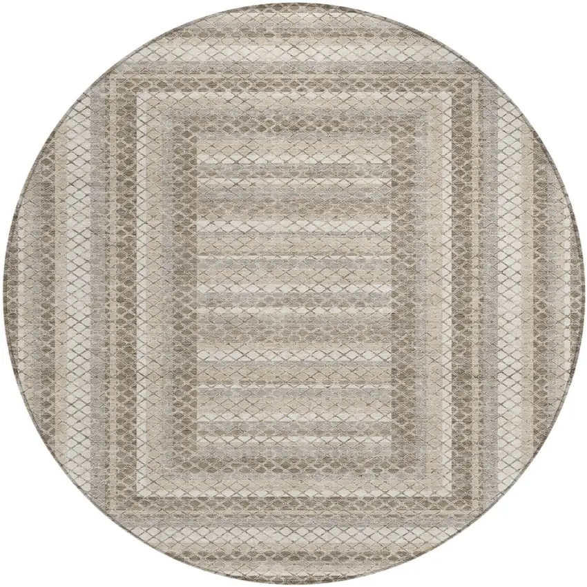 8' Taupe And Ivory Round Geometric Washable Indoor Outdoor Area Rug Photo 1