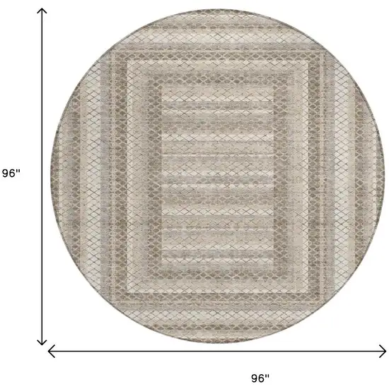 8' Taupe And Ivory Round Geometric Washable Indoor Outdoor Area Rug Photo 9