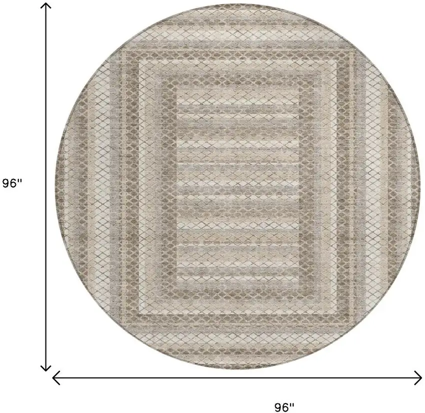 8' Taupe And Ivory Round Geometric Washable Indoor Outdoor Area Rug Photo 9