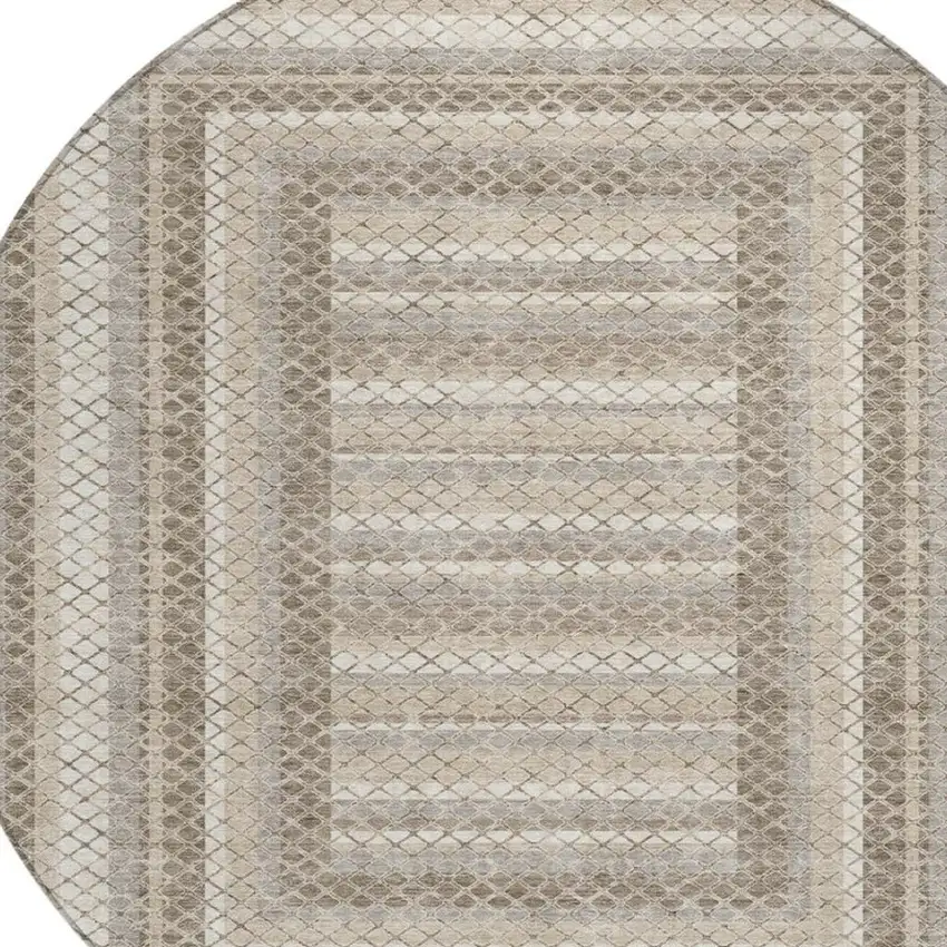 8' Taupe And Ivory Round Geometric Washable Indoor Outdoor Area Rug Photo 4
