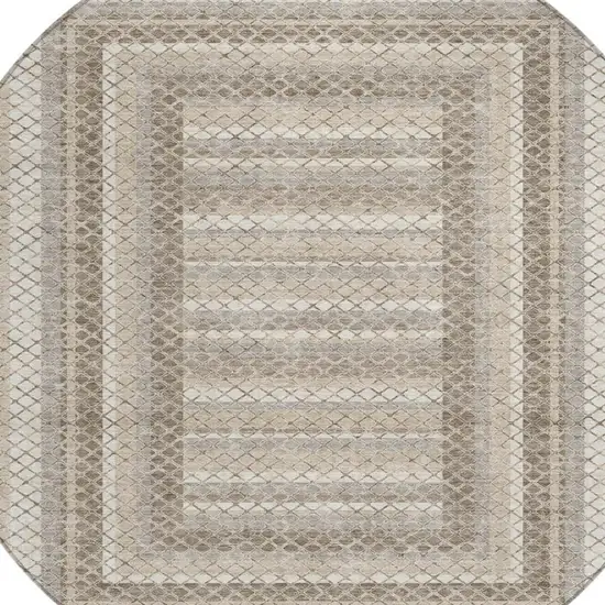 8' Taupe And Ivory Round Geometric Washable Indoor Outdoor Area Rug Photo 8