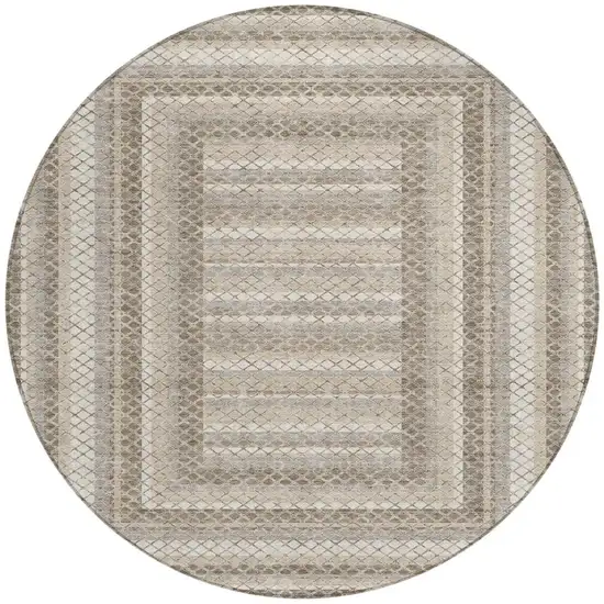 8' Taupe And Ivory Round Geometric Washable Indoor Outdoor Area Rug Photo 3