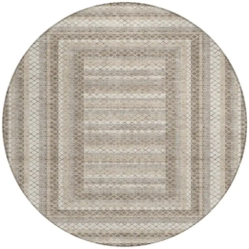 8' Taupe And Ivory Round Geometric Washable Indoor Outdoor Area Rug Photo 3