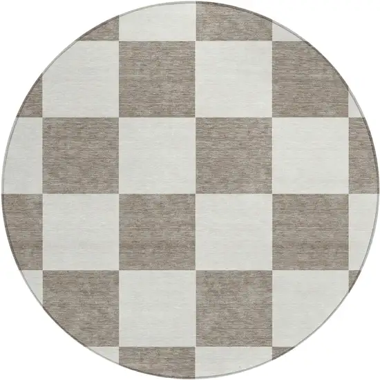 8' Taupe And Ivory Round Geometric Washable Indoor Outdoor Area Rug Photo 2