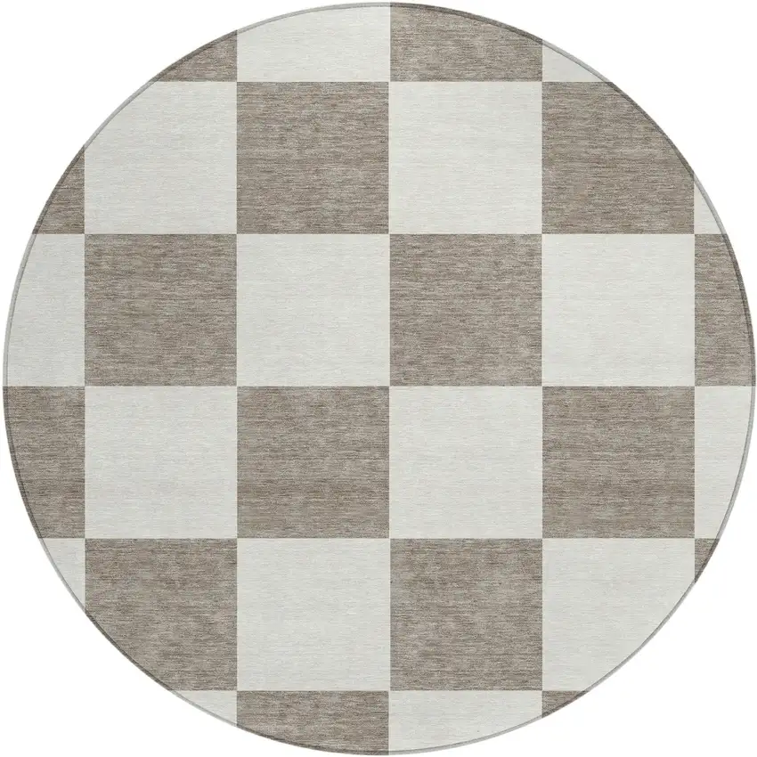 8' Taupe And Ivory Round Geometric Washable Indoor Outdoor Area Rug Photo 2