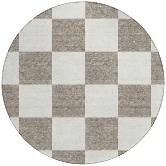 8' Taupe And Ivory Round Geometric Washable Indoor Outdoor Area Rug Photo 4