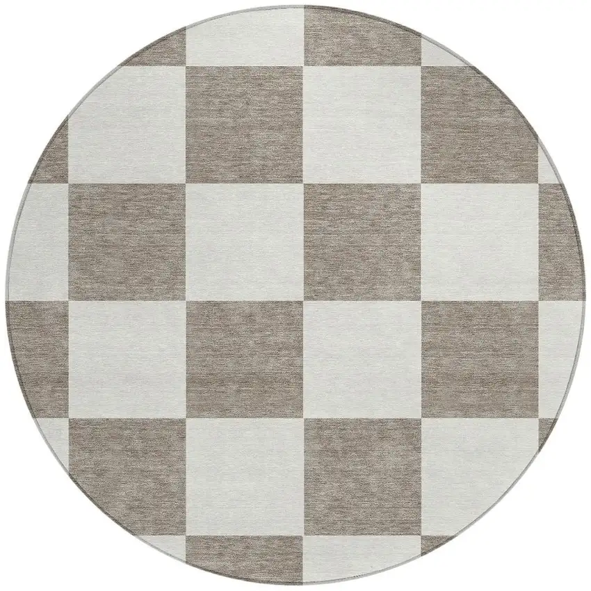 8' Taupe And Ivory Round Geometric Washable Indoor Outdoor Area Rug Photo 4