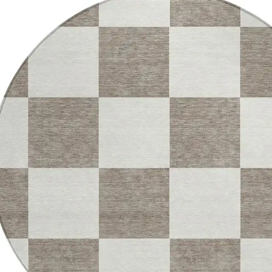 8' Taupe And Ivory Round Geometric Washable Indoor Outdoor Area Rug Photo 5