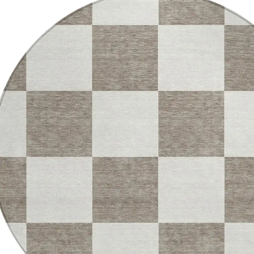 8' Taupe And Ivory Round Geometric Washable Indoor Outdoor Area Rug Photo 5