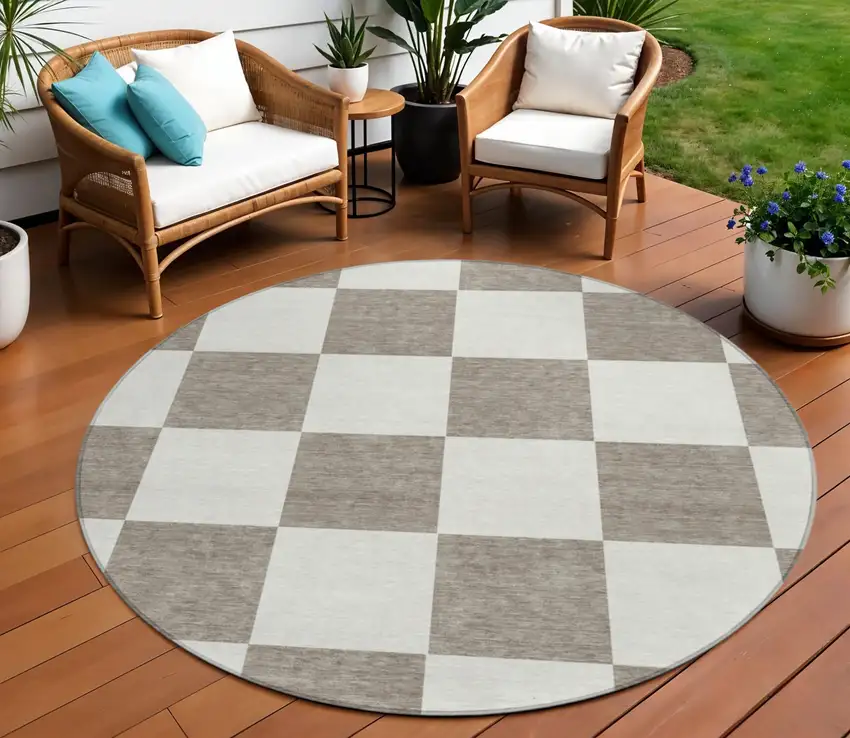 8' Taupe And Ivory Round Geometric Washable Indoor Outdoor Area Rug Photo 1