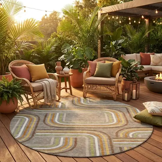 8' Taupe And Ivory Round Geometric Washable Indoor Outdoor Area Rug Photo 1