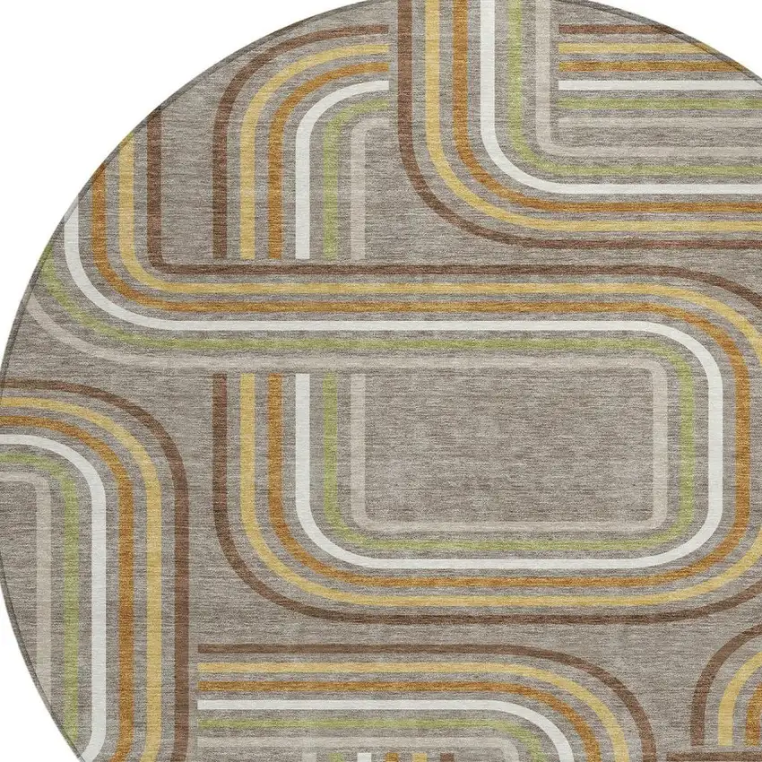 8' Taupe And Ivory Round Geometric Washable Indoor Outdoor Area Rug Photo 3