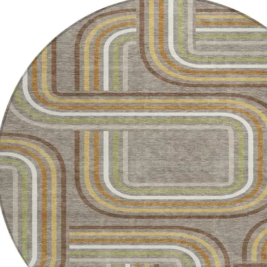 8' Taupe And Ivory Round Geometric Washable Indoor Outdoor Area Rug Photo 3
