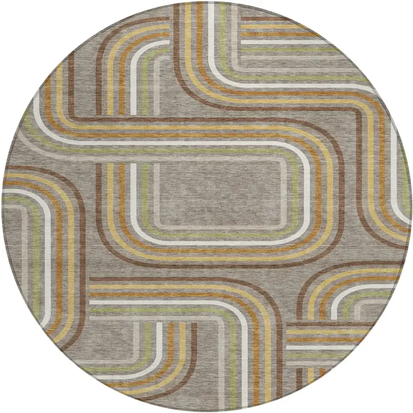 8' Taupe And Ivory Round Geometric Washable Indoor Outdoor Area Rug Photo 2
