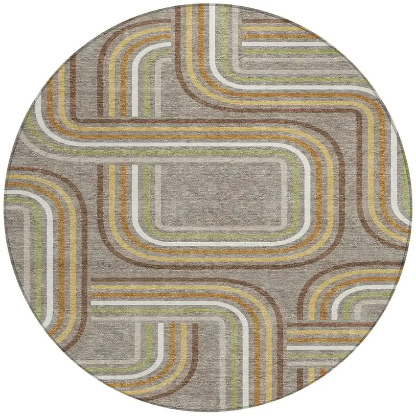 8' Taupe And Ivory Round Geometric Washable Indoor Outdoor Area Rug Photo 4
