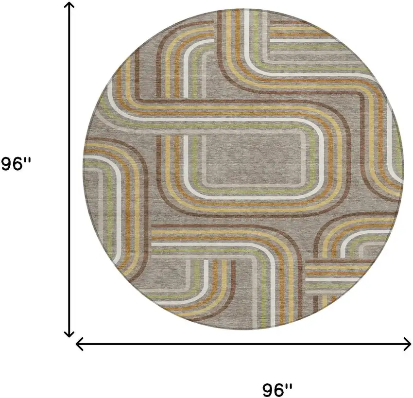 8' Taupe And Ivory Round Geometric Washable Indoor Outdoor Area Rug Photo 7