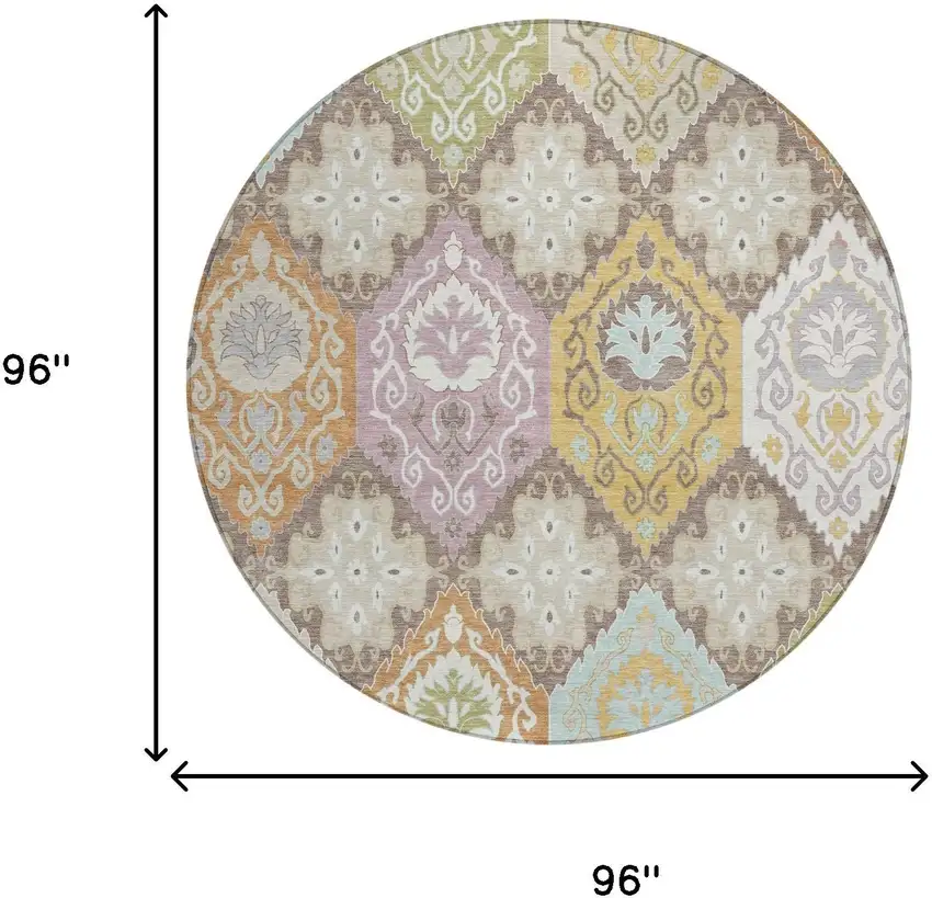 8' Taupe And Ivory Round Geometric Washable Indoor Outdoor Area Rug Photo 6