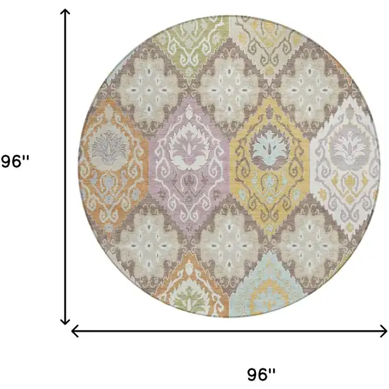 8' Taupe And Ivory Round Geometric Washable Indoor Outdoor Area Rug Photo 6