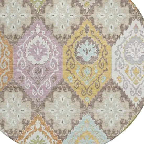 8' Taupe And Ivory Round Geometric Washable Indoor Outdoor Area Rug Photo 2