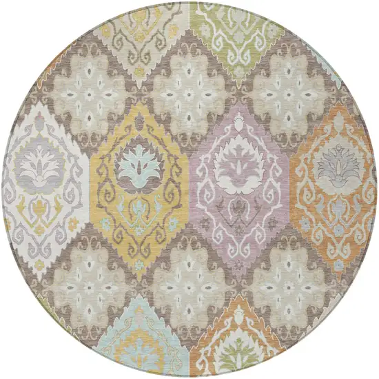 8' Taupe And Ivory Round Geometric Washable Indoor Outdoor Area Rug Photo 3
