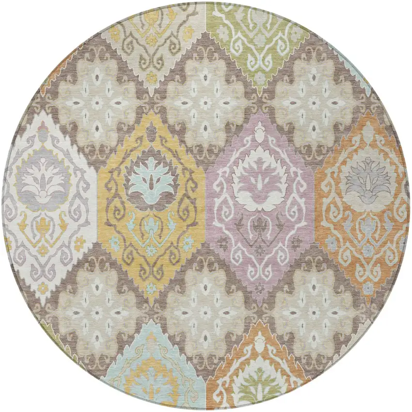 8' Taupe And Ivory Round Geometric Washable Indoor Outdoor Area Rug Photo 3