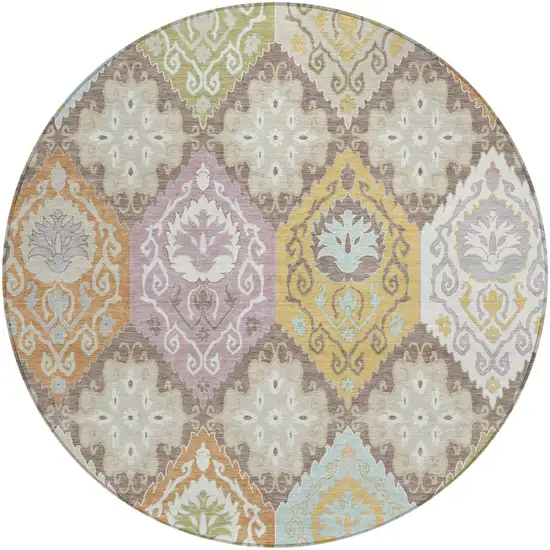 8' Taupe And Ivory Round Geometric Washable Indoor Outdoor Area Rug Photo 1
