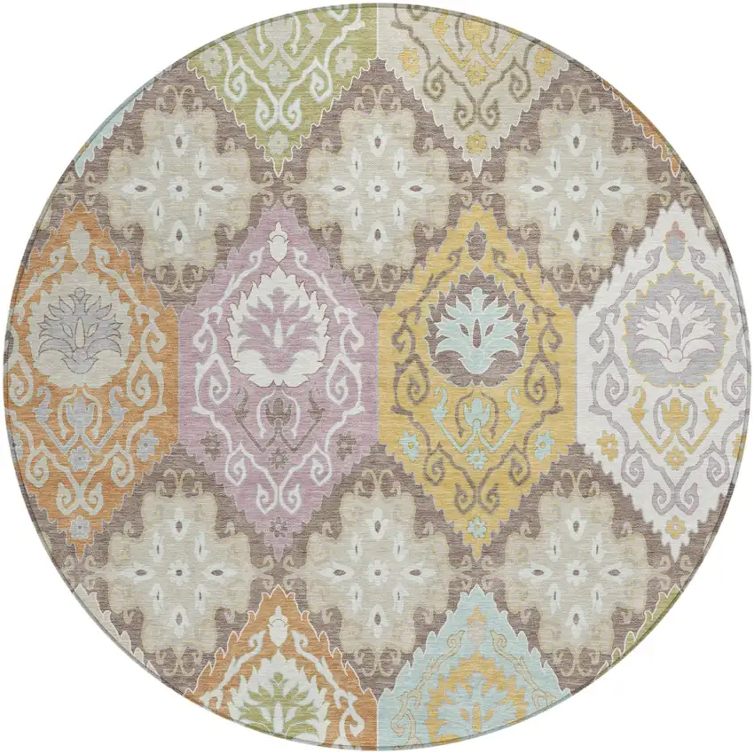 8' Taupe And Ivory Round Geometric Washable Indoor Outdoor Area Rug Photo 1