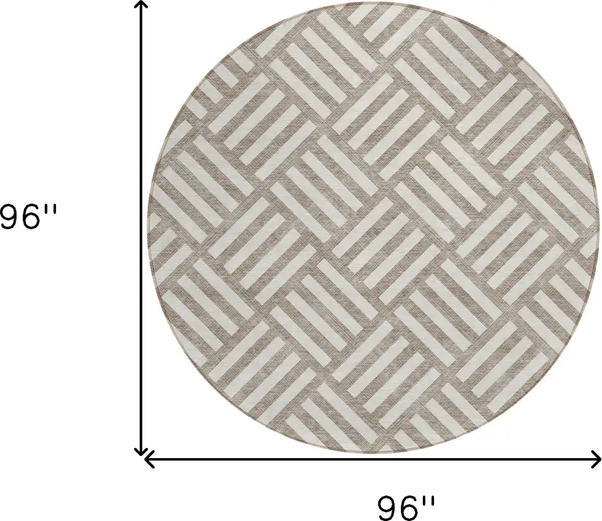 8' Taupe And Ivory Round Geometric Washable Indoor Outdoor Area Rug Photo 3