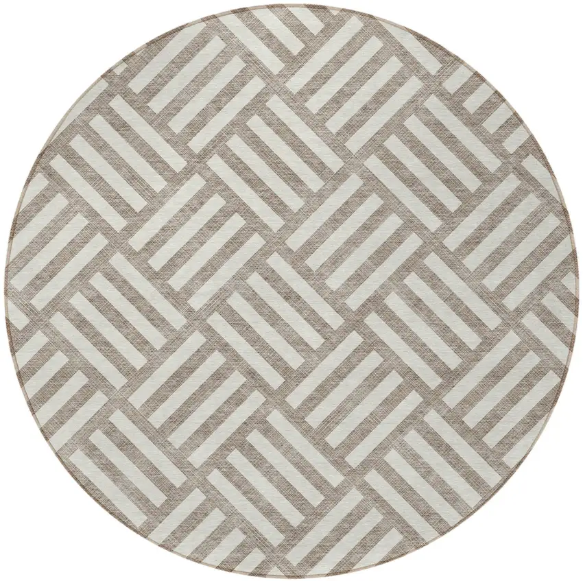 8' Taupe And Ivory Round Geometric Washable Indoor Outdoor Area Rug Photo 5