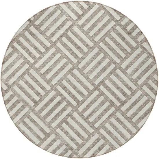 8' Taupe And Ivory Round Geometric Washable Indoor Outdoor Area Rug Photo 5