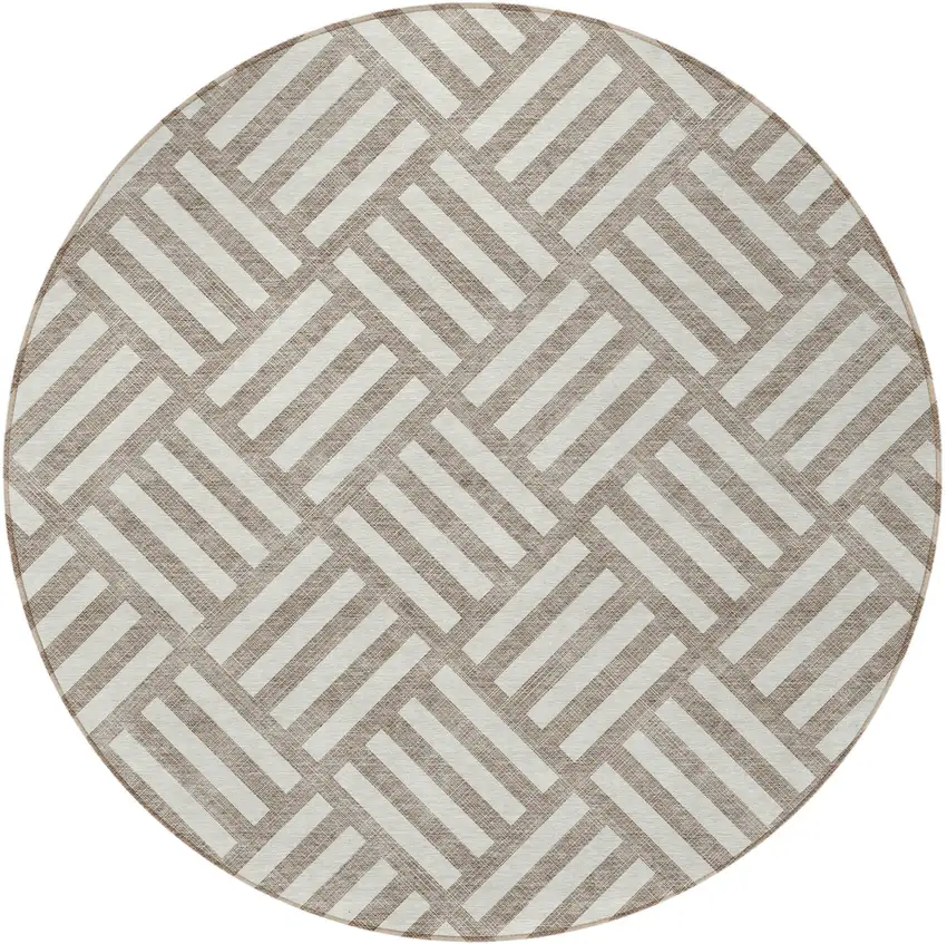 8' Taupe And Ivory Round Geometric Washable Indoor Outdoor Area Rug Photo 5