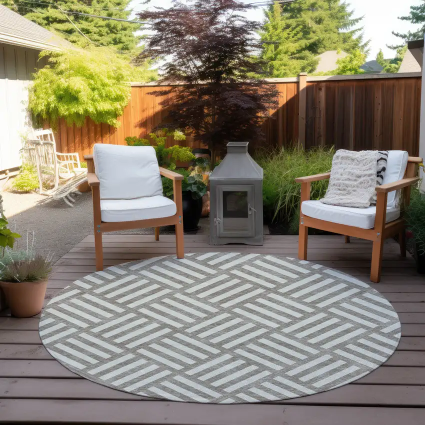 8' Taupe And Ivory Round Geometric Washable Indoor Outdoor Area Rug Photo 6