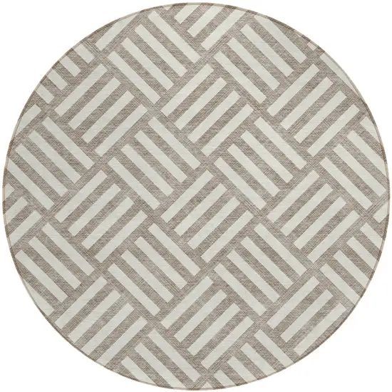 8' Taupe And Ivory Round Geometric Washable Indoor Outdoor Area Rug Photo 2