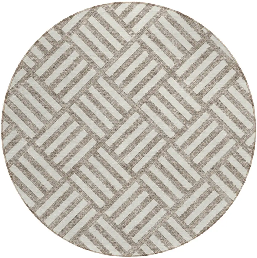 8' Taupe And Ivory Round Geometric Washable Indoor Outdoor Area Rug Photo 2