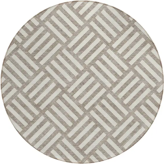 8' Taupe And Ivory Round Geometric Washable Indoor Outdoor Area Rug Photo 2