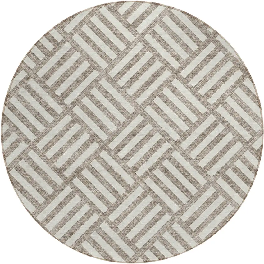 8' Taupe And Ivory Round Geometric Washable Indoor Outdoor Area Rug Photo 2