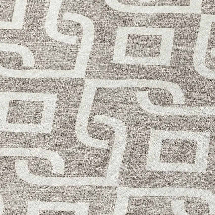 8' Taupe And Ivory Round Geometric Washable Indoor Outdoor Area Rug Photo 8