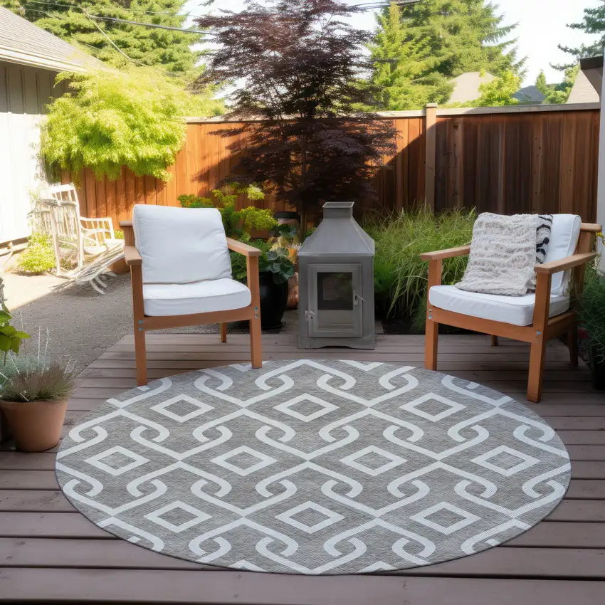 8' Taupe And Ivory Round Geometric Washable Indoor Outdoor Area Rug Photo 6