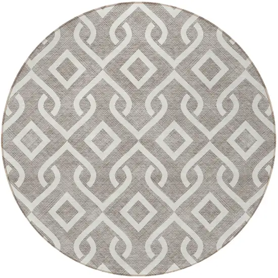 8' Taupe And Ivory Round Geometric Washable Indoor Outdoor Area Rug Photo 5