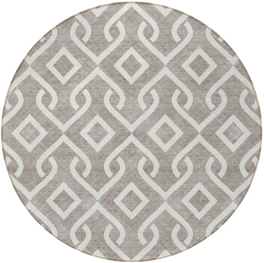 8' Taupe And Ivory Round Geometric Washable Indoor Outdoor Area Rug Photo 5