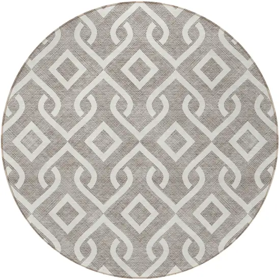 8' Taupe And Ivory Round Geometric Washable Indoor Outdoor Area Rug Photo 5