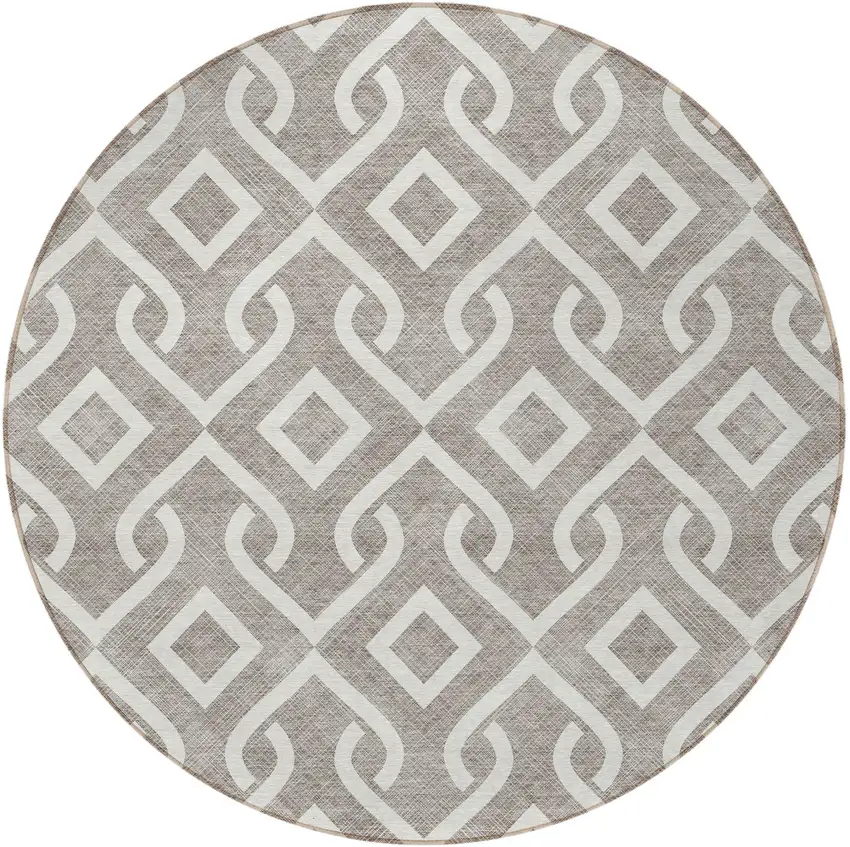 8' Taupe And Ivory Round Geometric Washable Indoor Outdoor Area Rug Photo 5