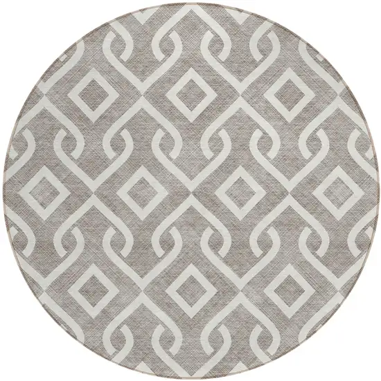 8' Taupe And Ivory Round Geometric Washable Indoor Outdoor Area Rug Photo 2