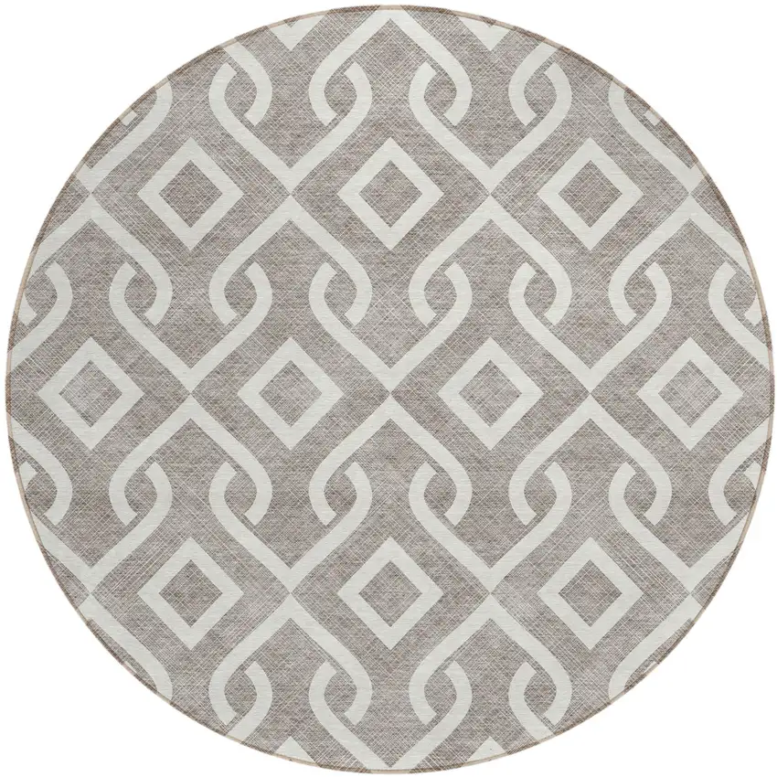 8' Taupe And Ivory Round Geometric Washable Indoor Outdoor Area Rug Photo 2