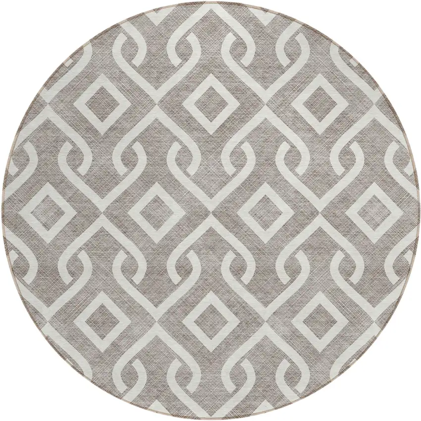 8' Taupe And Ivory Round Geometric Washable Indoor Outdoor Area Rug Photo 2