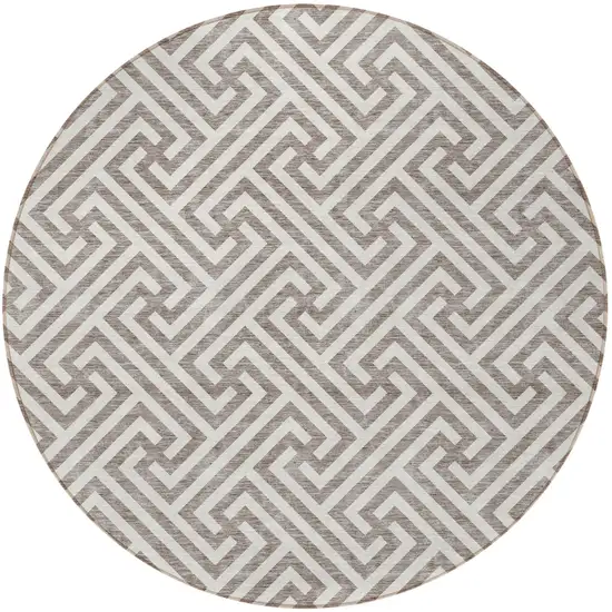 8' Taupe And Ivory Round Geometric Washable Indoor Outdoor Area Rug Photo 5